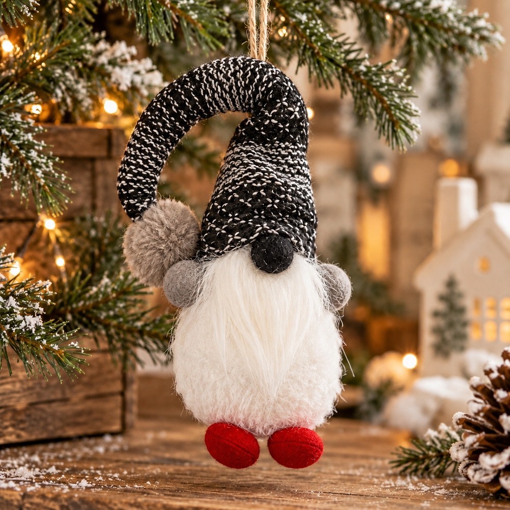 Pottery Barn Christmas Gnome Ornament Black White Knit Hat NWT 7"